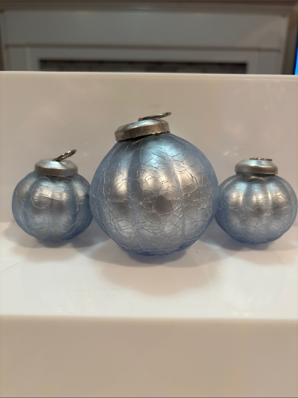 Light Blue Crackle Glass Ornament Trio - Home Accents Kugel Style-set of 3